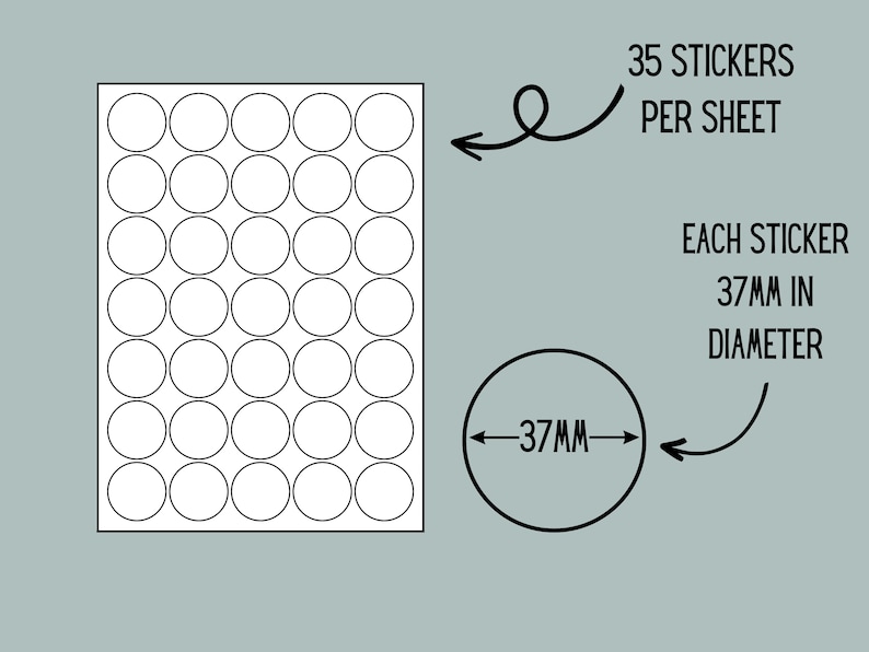 May include: A sheet of white, circular stickers with a black outline. There are 35 stickers per sheet, each with a 37mm diameter. The text on the image reads "35 stickers per sheet" and "Each sticker 37mm in diameter."