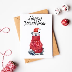 Happy Decembear Pun Card - Cute Christmas Card - Funny Watercolour Greeting Card - Animal Lover Card - Bear Lover Card - Funny Pun Card