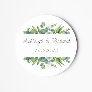 Hochzeitsetikettenaufkleber – personalisierte Namensaufkleber für Braut und Bräutigam – Blumenaufkleber – Hochzeitsaufkleber – Eukalyptus-Hochzeitsaufkleber