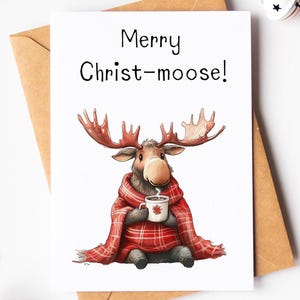 Tarjeta de Feliz Navidad con alces - Linda tarjeta navideña con alces - Tarjeta de felicitación con acuarela - Tarjeta para amantes de los alces - Tarjeta divertida con juego de palabras para Navidad