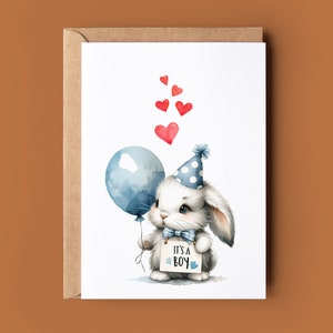 Nieuwe baby gefeliciteerd kaart - het is een jongen Congrats kaart - Welkom op de wereldkaart - schattig konijn aquarel blauwe kaart - nieuwe ouders kaart