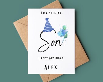 Happy Birthday Son Card -Balloon Birthday Card - Customisable Name Birthday Card - Handmade Greeting Card - Special Son Birthday Card