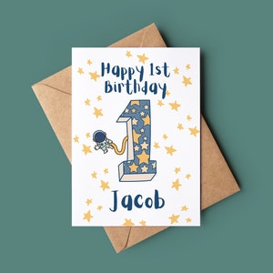 Happy 1st Birthday Card - First Birthday Card - Customised Birthday Card - Kids Greeting Card - Astronaut Birthday Card - Childs Bday Card