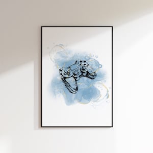 May include: A black and white illustration of a video game controller on a blue and gold watercolor background.