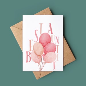 Best Auntie Geburtstagskarte - Personalisierte Luftballons Geburtstagskarte - Rosa Luftballons Grußkarte - Aquarell Geburtstagskarte für Tante