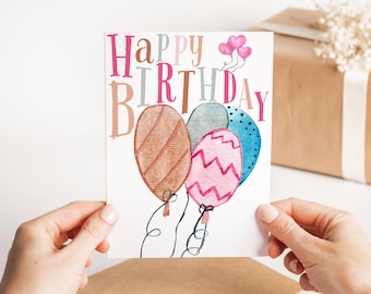 Cute Balloon Happy Birthday Card - Personalised Balloons Birthday Card - Big Balloon Greetings Card - Watercolour Balloon Birthday Card