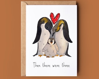 Cute Penguin Then There Were Three Baby Reveal Card - Greetings Card for Baby Reveal - Customised We're Having A Baby Card - Animal Lover