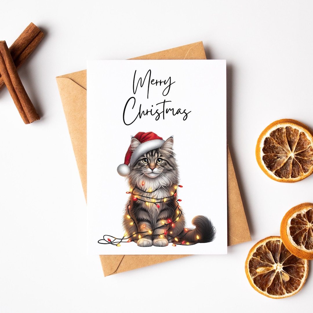Christmas Cat Card - Funny Xmas Card - Norwegian Forest Cat Greeting ...