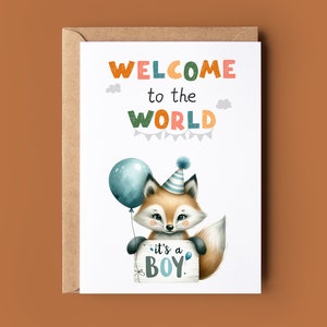 Nieuwe baby gefeliciteerd kaart - het is een jongen Congrats kaart - Welkom op de wereldkaart - schattige Fox aquarel blauwe kaart - nieuwe ouders kaart