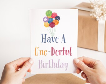 Avoir une carte d'anniversaire One-derful - Carte ballon premier anniversaire - Carte d'anniversaire One Today - Carte de voeux faite à la main - Carte pour enfant - Carte de jeu de mots