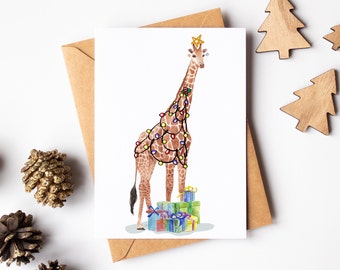 Giraffe Weihnachtsbaum Weihnachtskarte - Süße Weihnachtskarte - Lustige Aquarell Grußkarte - Giraffenliebhaber Karte - Witz Frohe Weihnachten Karte