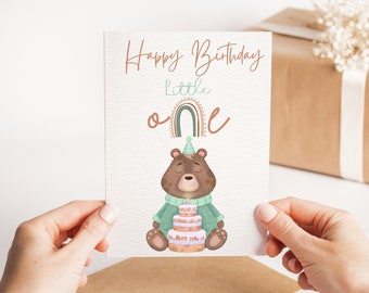 Happy Birthday Little One - Childs Happy Birthday Card - Pastel Rainbow Birthday Card -  Cute Handmade Greeting Card - Bear Card For Child