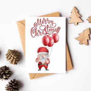 Funny Santa Christmas Card - Merry Christmas Card - Watercolour Greeting Card - Joke Christmas Card - Cute Santa Card - Santa With Balloons
