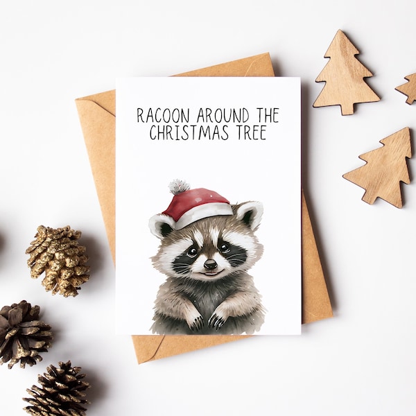 Racoon Merry Christmas Card - Cute Racoon Christmas Card - Watercolour Greeting Card - Racoon Lover Card - Funny Pun Card