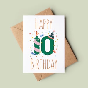 Tarjeta de vela de feliz cumpleaños número 10 - Tarjeta de décimo cumpleaños - Tarjeta de cumpleaños personalizada - Tarjeta de felicitación hecha a mano - Tarjeta de cumpleaños linda para niños