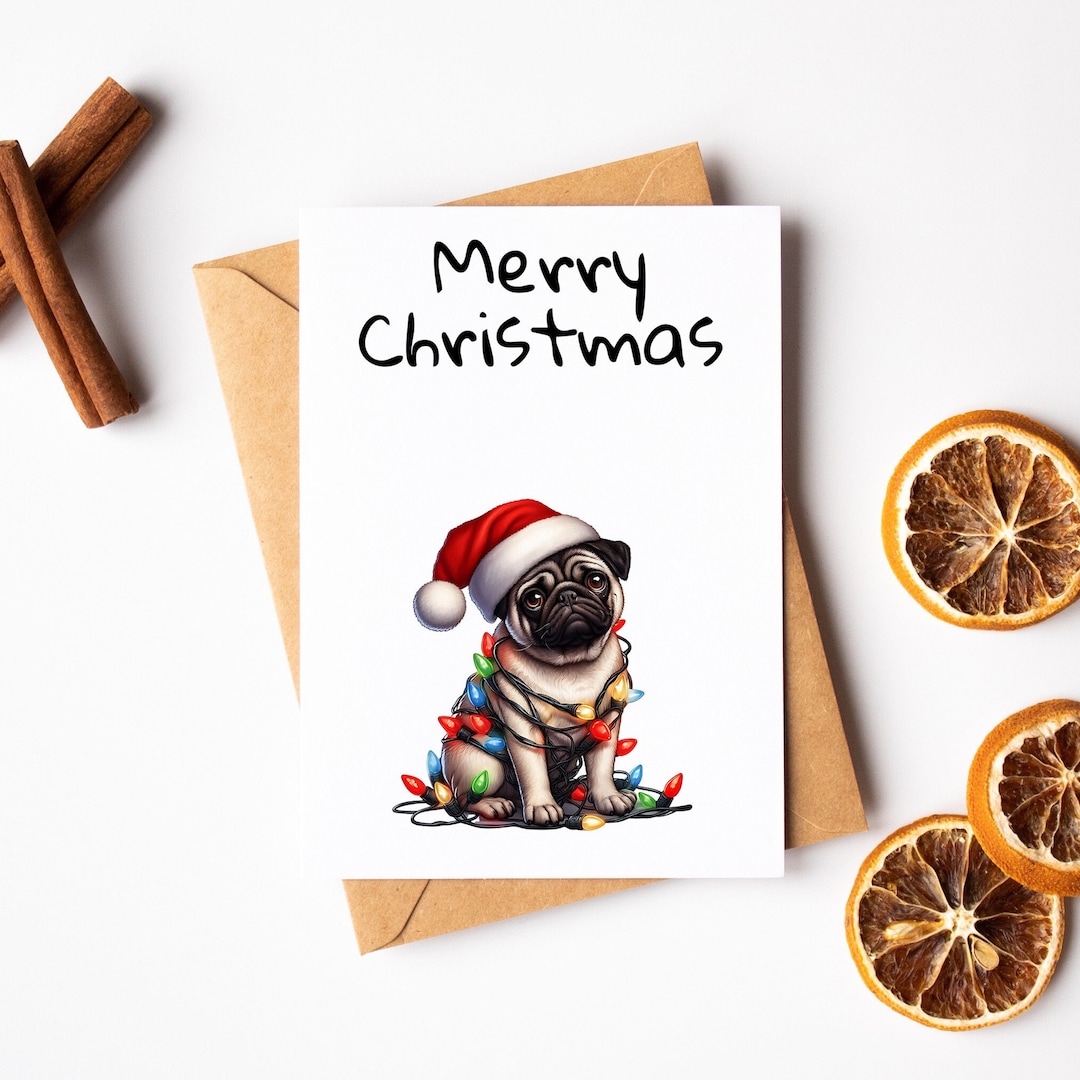 Dog Merry Christmas Card - Cute Pug Christmas Card - Funny Watercolour ...