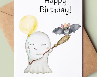Cute Ghost Happy Birthday Card - Bat Halloween Card - Watercolour Card For Halloween - Spooky Ghost And Bat Card - Hallows Eve Bday Card