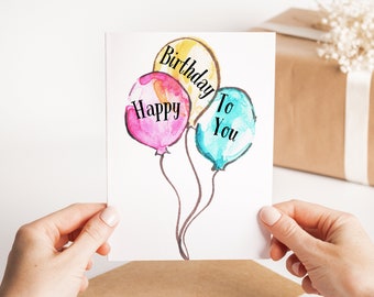 Colourful Balloon Happy Birthday Card - Personalised Balloons Birthday Card - Big Balloon Greetings Card - Watercolour Balloon Birthday Card