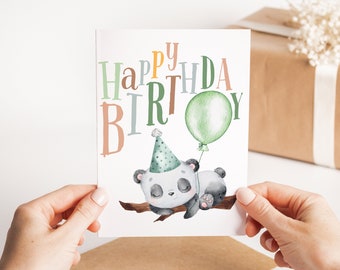 Birthday Panda With Balloon Card - Colourful Panda Birthday Card - Cute Bday Greeting Card - Birthday Card For Child - Panda Lover Card