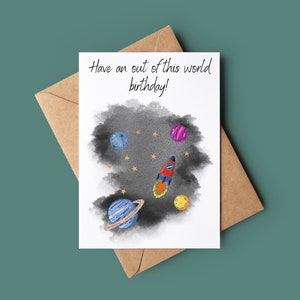 Anniversaire hors de ce monde - Carte de joyeux anniversaire - Carte de vœux dans l’espace extra-atmosphérique - Carte d’anniversaire de fusée - Carte d’anniversaire aquarelle