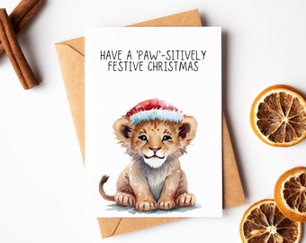 Lion Cub Frohe Weihnachten Karte - niedliche Löwen Weihnachtskarte - Aquarell Grußkarte - Tierliebhaber Karte - Löwen Liebhaber Karte - lustige Wortspiel Karte