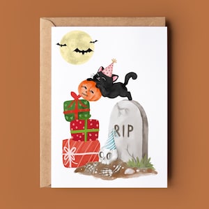 Cartão de feliz aniversário assustador - Cartão de aniversário de Halloween de gato - Cartão de Halloween engraçado - Cartão de aniversário de abóbora assustador - Cartão de aniversário de Hallows Eve