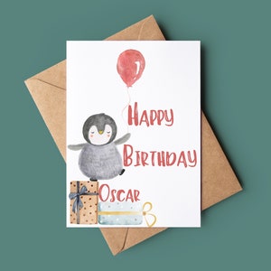 Biglietto di buon compleanno pinguino - Biglietto di compleanno con palloncino - Biglietto di compleanno personalizzato - Biglietto di auguri fatto a mano - Biglietto di compleanno con pinguino e palloncino