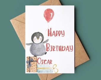 Penguin Happy Birthday Card - Balloon Birthday Card - Customised Birthday Card - Handmade Greeting Card - Penguin & Balloon Birthday Card