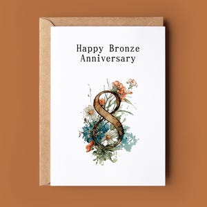 Happy Bronze Anniversary Card - Cute Floral Number Eight Card - Eighth Anniversary Card - 8th Wedding Bronze Anniversary Card - Watercolour
