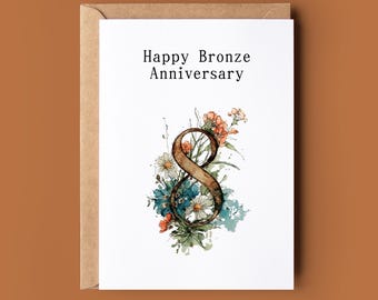 Bronze Anniversary Card - Watercolor Floral Number 8 - 8th Wedding Anniversary - Eighth Anniversary