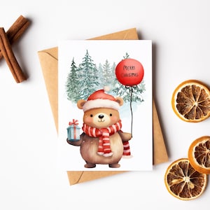 Carte d’ours joyeux Noël - Carte de Noël ours mignon - Carte de vœux aquarelle - Carte amoureux des animaux - Carte amoureux de l’ours