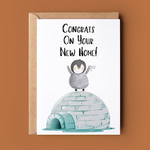 Biglietto di congratulazioni per la nuova casa - Biglietto pinguino divertente - Biglietto d'auguri igloo pinguino - Biglietto di compleanno personalizzato Amante degli animali