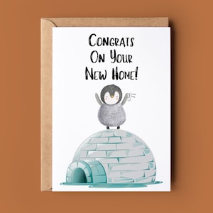 Congratulations New Home Card - Funny Penguin Card - Penguin Igloo Greetings Card - Customised Birthday Card Animal Lover