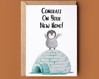 Biglietto di congratulazioni per la nuova casa - Biglietto pinguino divertente - Biglietto d'auguri igloo pinguino - Biglietto di compleanno personalizzato Amante degli animali
