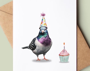 Funny Pigeon Happy Birthday Card -  Joke Birthday Card - Watercolour Bird Greeting Card - Bird Lover Card - Card For Bird Lover