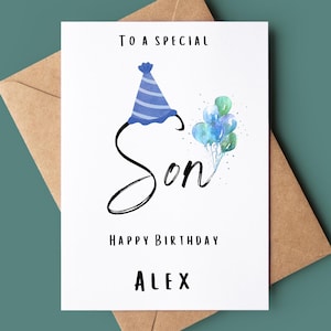 Cartão de feliz aniversário para filho - Cartão de aniversário com balão - Cartão de aniversário com nome personalizável - Cartão de felicitações feito à mão - Cartão de aniversário especial para filho