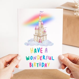 Biglietto di auguri di compleanno meraviglioso, biglietto di buon compleanno, biglietto per bambini carini, biglietto di auguri per il castello delle fiabe, biglietto per bambino, compleanno della principessa