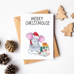 Mouse Christmas Card - Cute Merry Chrismouse Card - Funny Watercolour Greeting Card - Animal Lover Card - Mouse Lover Card - Joke Pun Card