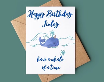 Kids Whale Happy Birthday Card - Whale Pun Birthday Card - Customised Birthday Card - Handmade Greeting Card - Childs Birthday Card