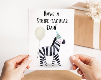 Birthday Zebra With Balloon Card - Colourful Zebra Birthday Card - Cute Bday Pun Greeting Card - Birthday Card For Child - Zebra Lover Card