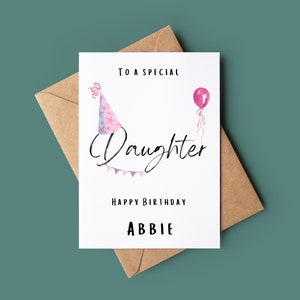 Cartão de aniversário para filha - Cartão de aniversário com balão fofo - Nome personalizável Cartão de aniversário - Cartão para criança - Cartão especial para filha