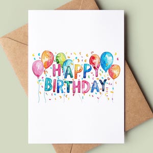 Carte de joyeux anniversaire ballon coloré - carte d'anniversaire ballon et confettis - jolie carte de voeux ballon - carte d'anniversaire ballon aquarelle