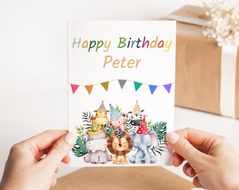 Alles Gute zum Geburtstag Dschungel Karte - Dschungel Geburtstagskarte - Individuelle Name Geburtstagskarte - Kindergeburtstagskarte - Dschungel Tier Geburtstagskarte