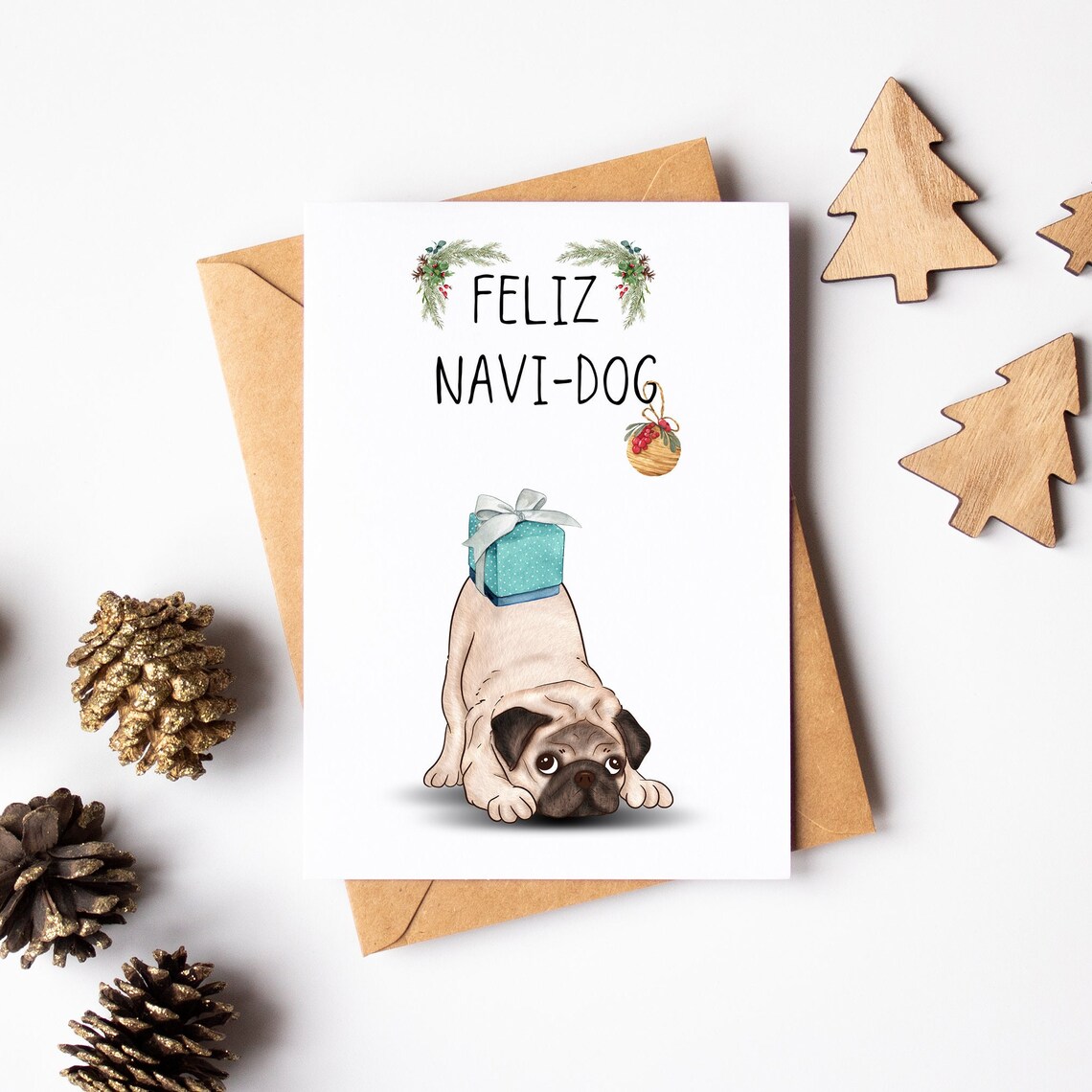 Pug Christmas Card - Cute Dog Christmas Card - Feliz Navi Dog Joke ...