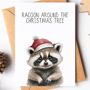Vrolijke kerstkaart wasbeer - schattige wasbeer kerstkaart - aquarel wenskaart - wasbeer minnaar kaart - grappige woordspeling kaart