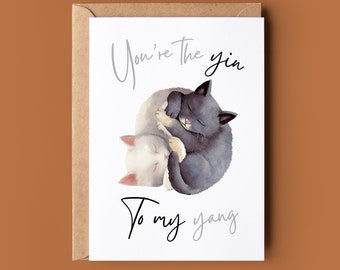 Yin And Yang Cat Anniversary Card - Cute Cat Card For Her - Cute Card For Him - Cat Lover Card - Animal Lover Card - Watercolour Cats Card
