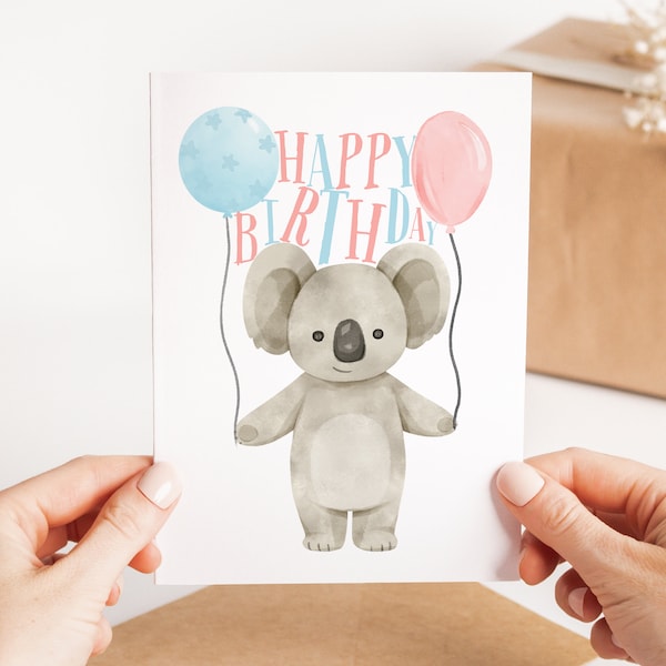 Birthday Koala With Balloons Card - Colourful Koala Birthday Card - Cute Koala Greetings Card - Birthday Card For Child - Animal Lover Card