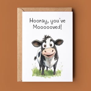 Cartão de parabéns por uma nova casa - Cartão engraçado de parabéns por vaca - Cartão de felicitações com trocadilho com vaca - Cartão personalizado para mudança de casa - Amante de vacas