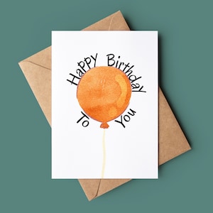 Biglietto di buon compleanno con palloncino - Biglietto di compleanno personalizzato con palloncino arancione - Biglietto di auguri con palloncino grande - Biglietto di compleanno con palloncino acquerello