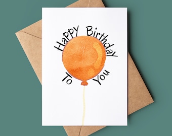 Balloon Happy Birthday Card - Personalised Orange Balloon Birthday Card - Big Balloon Greetings Card - Watercolour Balloon Birthday Card